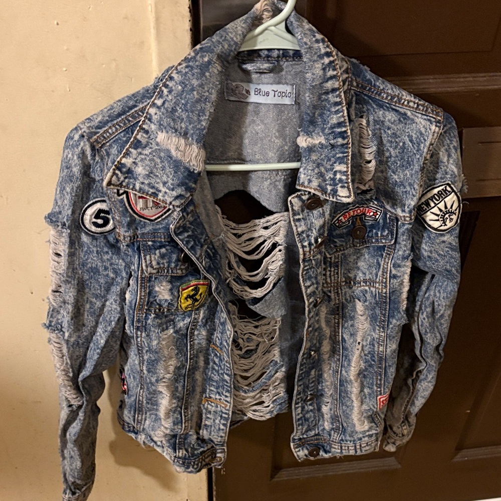 Blue Topaz Distressed Denim Jacket with Patches
